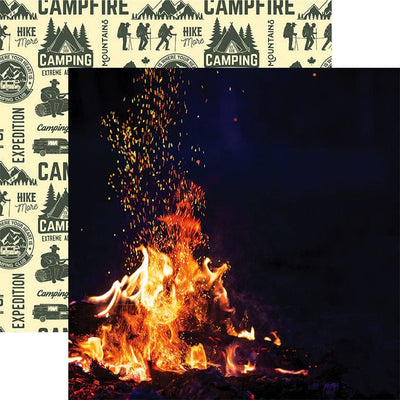 scrapbook paper featuring a photographic image of large fiery campfire against a black background shown against a pattern of green words on a light yellow background.