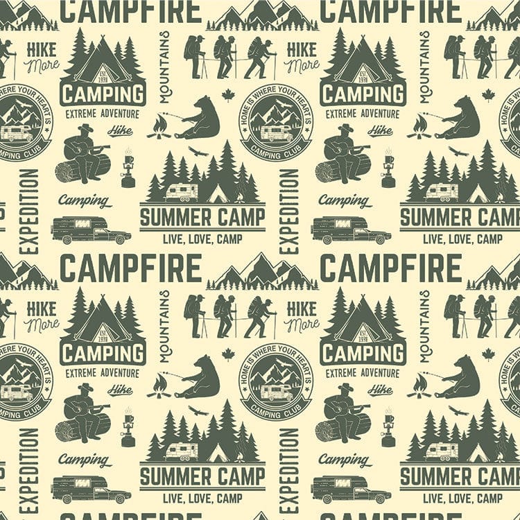 scrapbook paper featuring a pattern of green words and illustrations of hikers, tents and trees on a beige background.