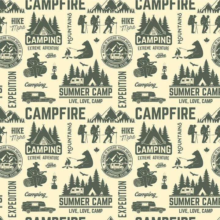 scrapbook paper featuring a pattern of green words and illustrations of hikers, tents and trees on a beige background.