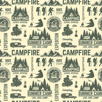 scrapbook paper featuring a pattern of green words and illustrations of hikers, tents and trees on a beige background.