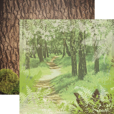 scrapbook paper featuring a wooded path in the forest with an illustrated border of light gray ferns shown overlapping a brown bark pattern with moss.