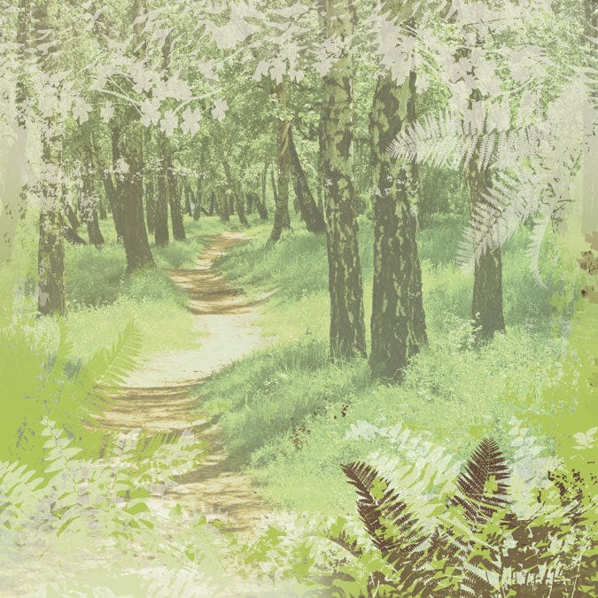 scrapbook paper featuring a wooded path in the forest with an illustrated border of light gray ferns.