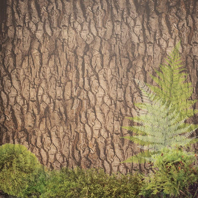 scrapbook paper featuring a brown bark pattern with green fern and moss.