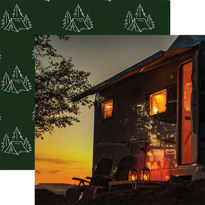 scrapbook paper featuring a close up photographic image of an RV at night against the setting sun shown overlapping a pattern of illustrated tents on a green background.