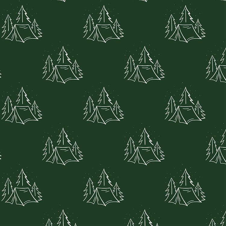 scrapbook paper featuring a pattern of white illustrated tents and evergreen trees on a dark green background.