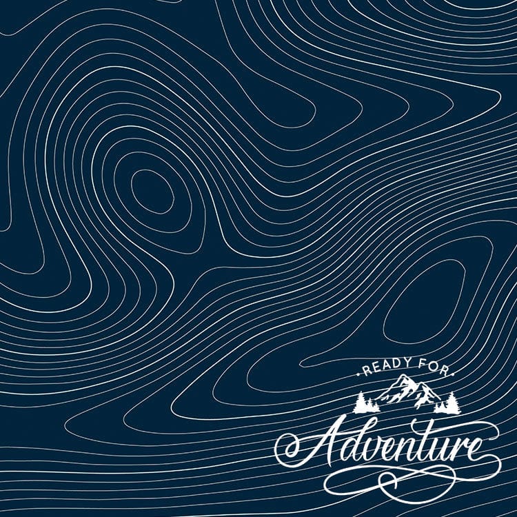 scrapbook paper featuring "Ready for Adventure" in lower right corner with a dark blue background with swirly white lines.