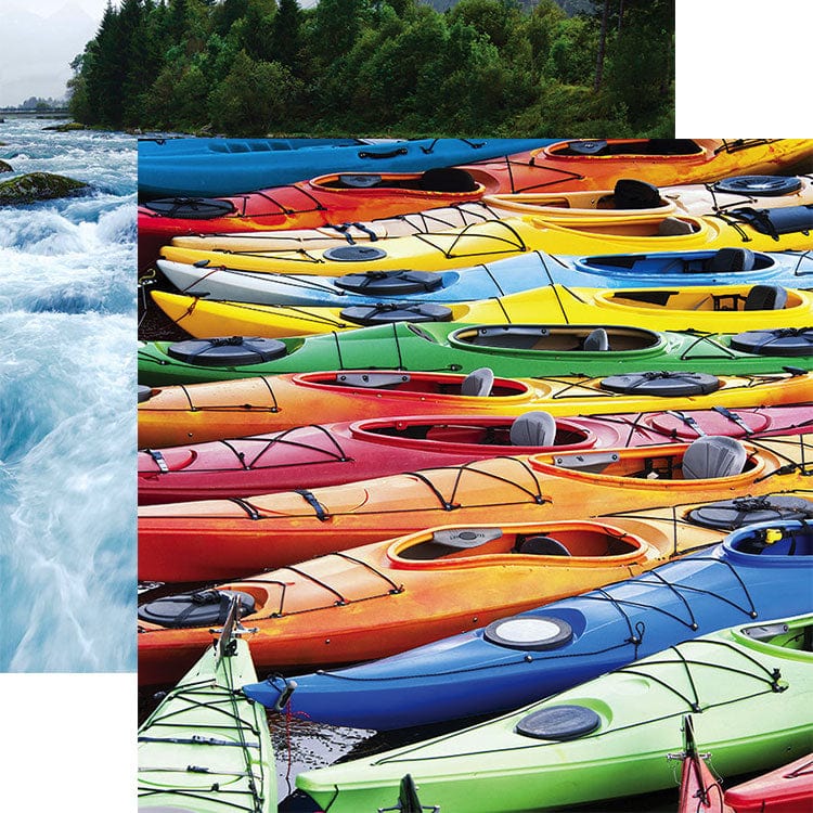scrapbook paper featuring a photographic image of colorful kayaks shown overlapping an image of a rushing stream.