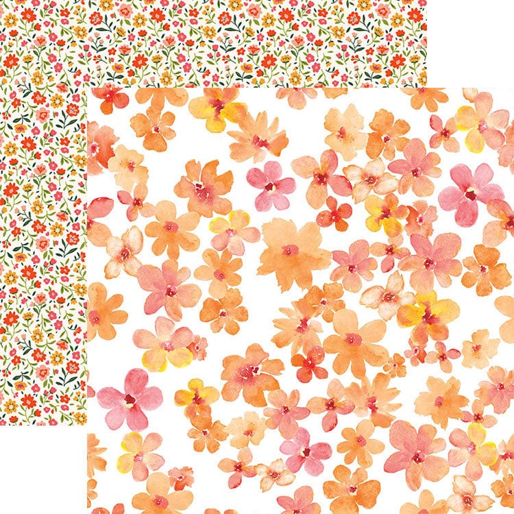 scrapbook paper featuring small orange, pink and yellow watercolor florals on white background overlapping a pattern of multicolor florals on white background.
