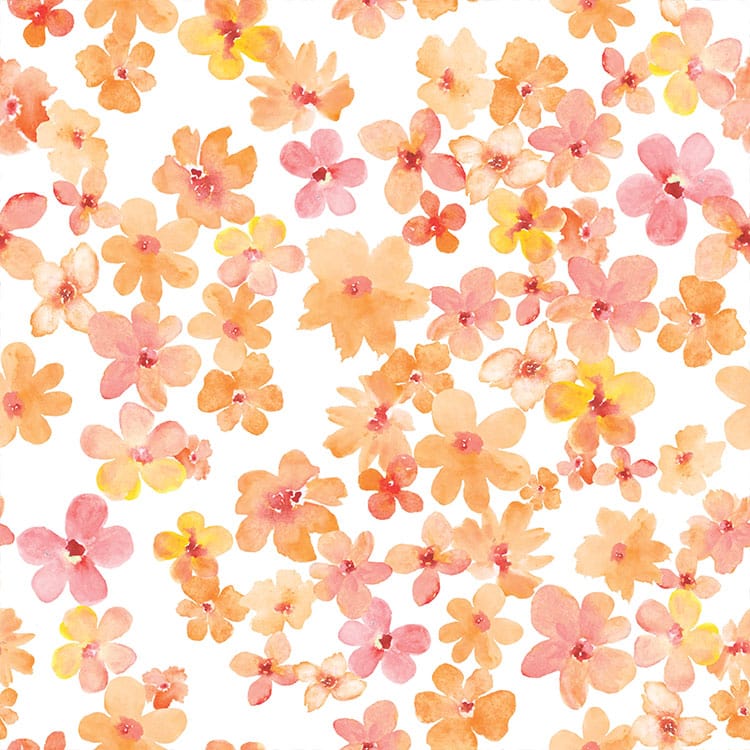 scrapbook paper featuring small orange, pink and yellow watercolor florals on white background