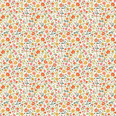 scrapbook paper featuring a pattern of orange, pink, yellow and green illustrated florals