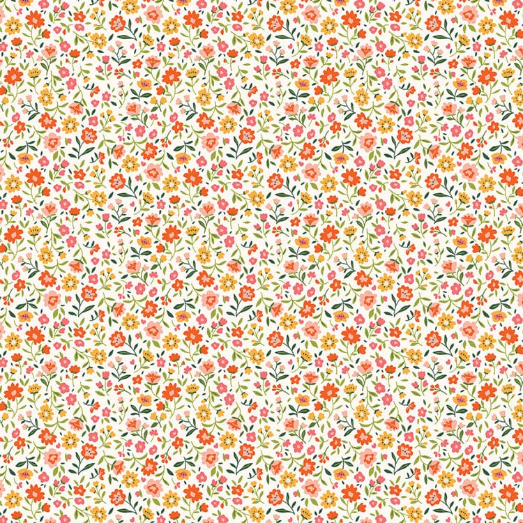 scrapbook paper featuring a pattern of orange, pink, yellow and green illustrated florals