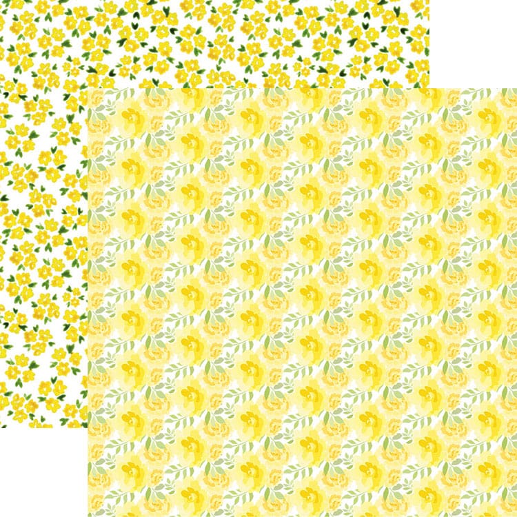 scrapbook paper featuring pattern of small yellow watercolor florals with green leaves on white background shown overlapping a pattern of small yellow flowers.