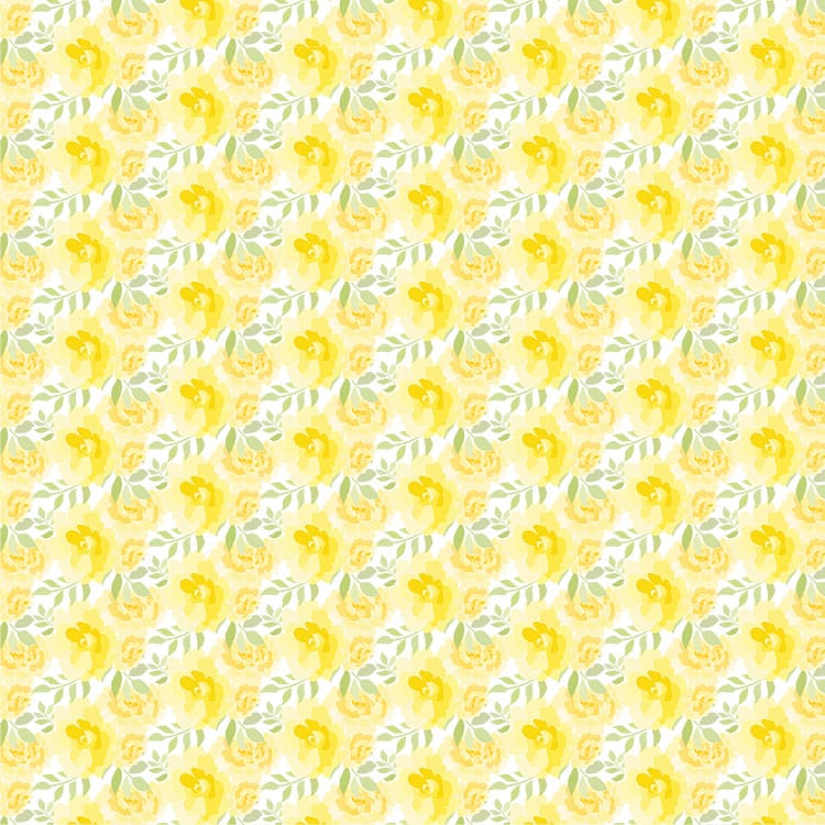scrapbook paper featuring pattern of small yellow watercolor florals with green leaves on white background