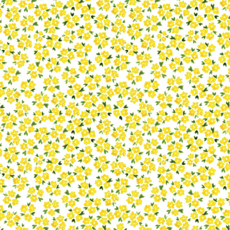 scrapbook paper featuring pattern of small yellow watercolor florals with green leaves on white background