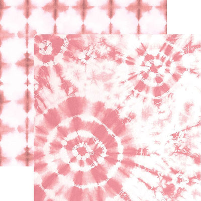 scrapbook paper featuring large circular pink tie-dye pattern on a white background shown overlapping another pink tie-dye pattern.