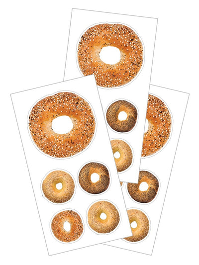 3 sheets of decorative stickers featuring photographic bagels.