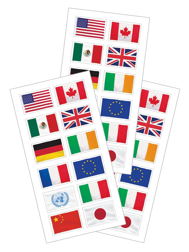 3 sheets of decorative stickers , each featuring 12 colorful international flags.