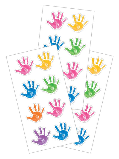 3 sheets of decorative stickers featuring colorful diecut kid handprints.