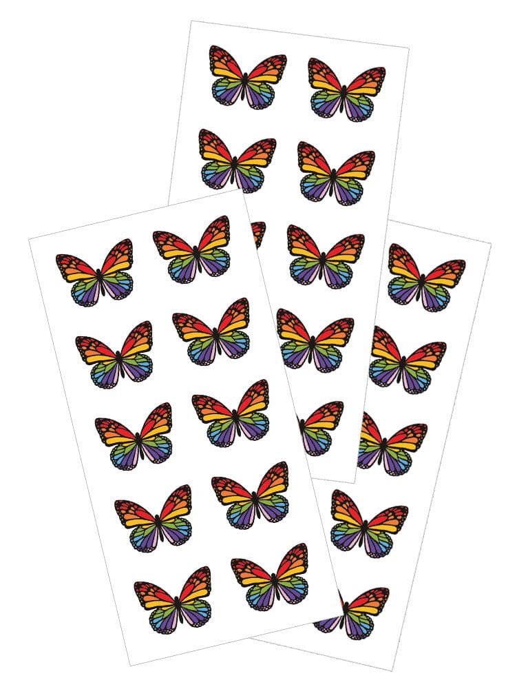 3 sheets of decorative stickers featuring colorful rainbow butterflies.
