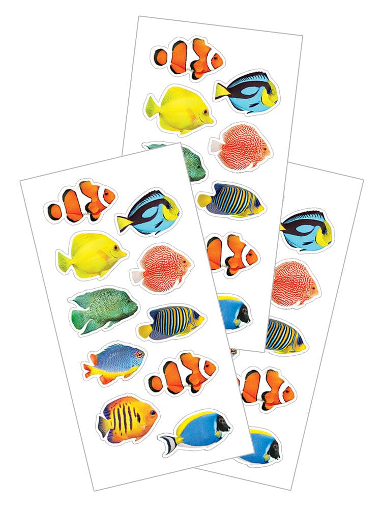 3 sheets of decorative stickers featuring colorful photographic  tropical fish.