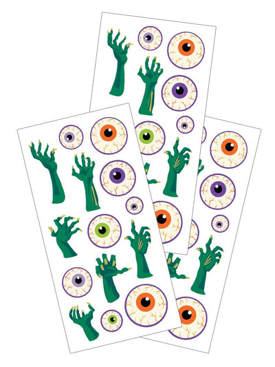 Three sheets of stickers featuring illustrated, colorful zombie hands and eyeballs.