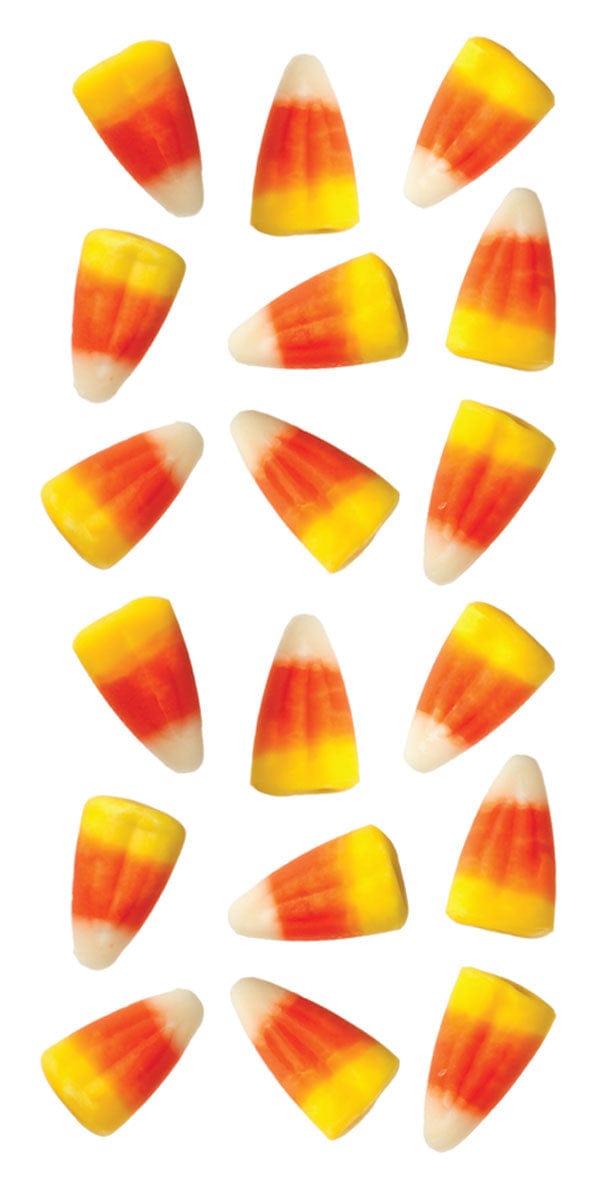 Orange, yellow and white candy corn photographic decorative stickers shown on white background.