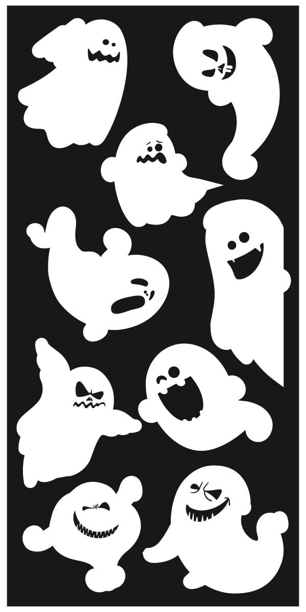 decorative stickers featuring white ghosts on black background,