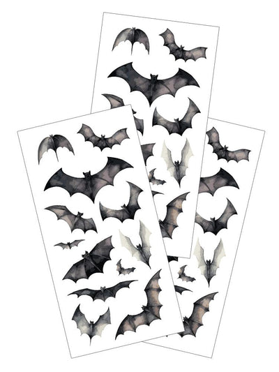 3 sheets of stickers featuring bats on white background.