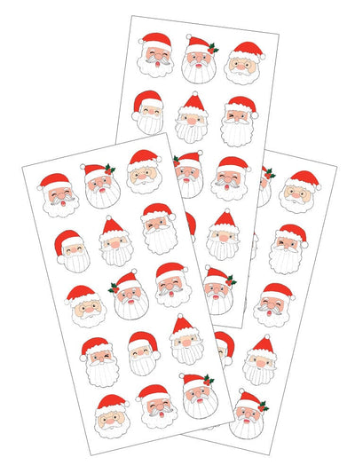 3 sheets of stickers featuring illustrated faces of Santa Clause in red, white and green.