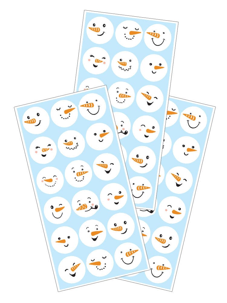 3 sheets of stickers featuring round snowmen faces with orange carrot noses on light blue background.