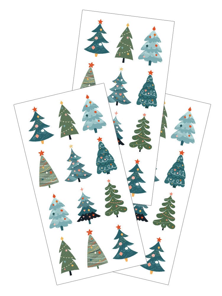 3 sheets of stickers featuring illustrated christmas trees in blues and greens on white background