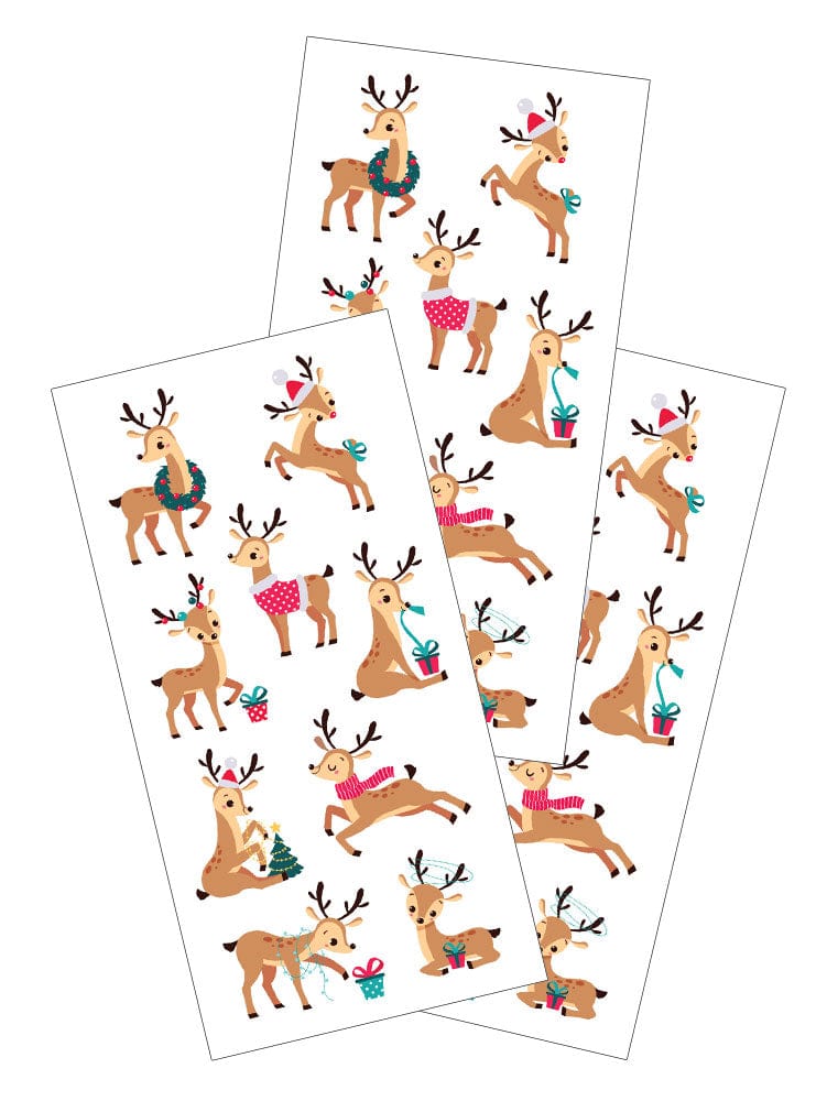 3 sticker sheets featuring illustrated reindeer dancing and wrapping presents.