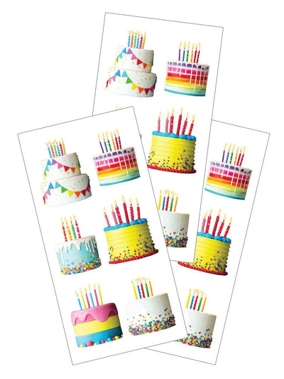 3 sticker sheets featuring colorful, photographic birthday cakes with candles.