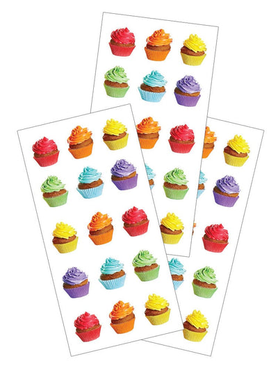 3 sticker sheets featuring colorful cupcakes on white background.