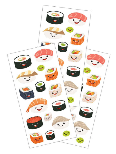 3 sheets of stickers featuring illustrated sushi with kawaii happy faces.