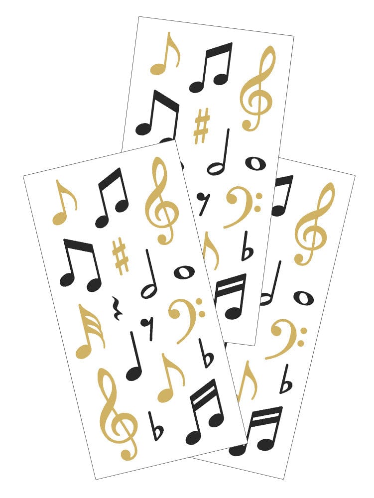 3 sheets of stickers featuring black and gold music notes on white background.