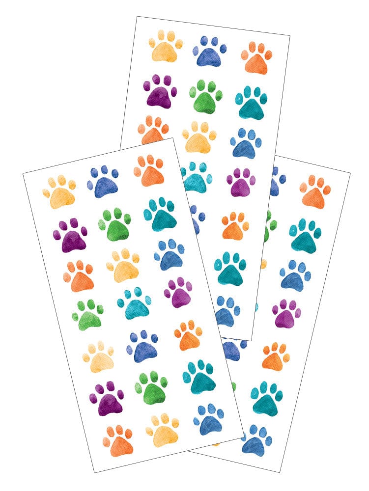 3 sheets of stickers featuring colorful, illustrated pet paws on white background.