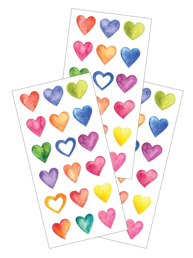 3 sheets of stickers featuring colorful hearts on white background.