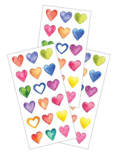 3 sheets of stickers featuring colorful hearts on white background.