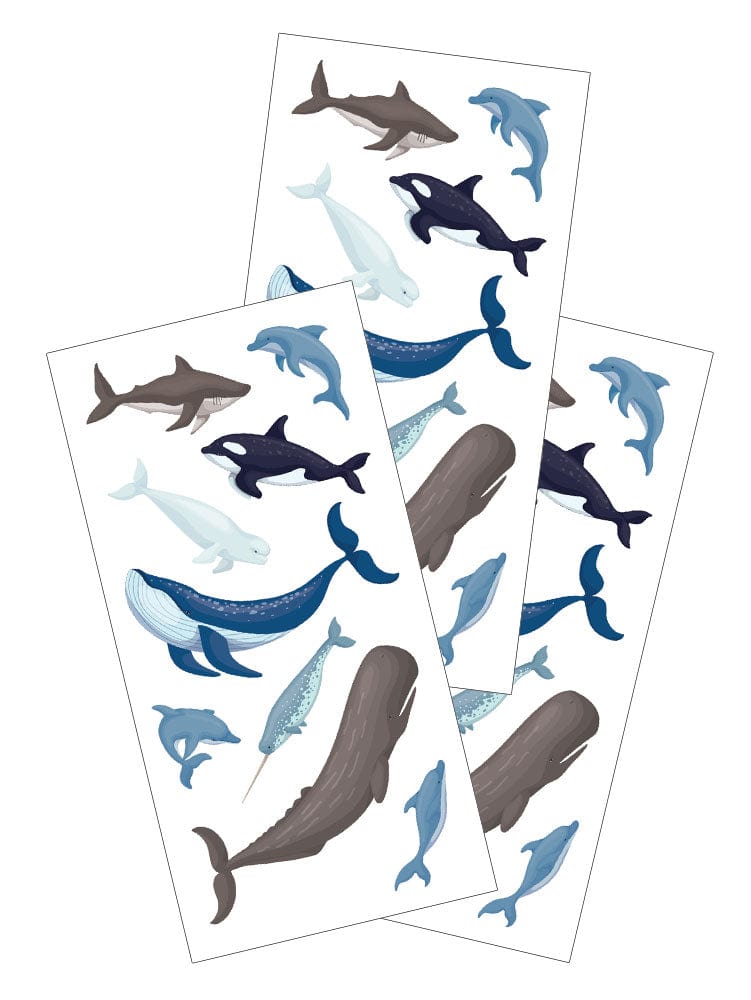 3 sheets of stickers featuring illustrated whales, sharks and dolphins.