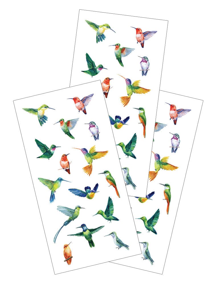 3 sheets of stickers featuring colorful, illustrated hummingbirds.