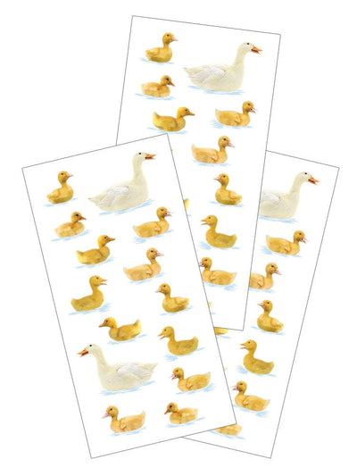 3 sheets of stickers featuring white and yellow ducks on white background.