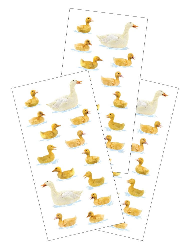 3 sheets of stickers featuring white and yellow ducks on white background.