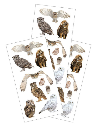 3 sheets of stickers featuring brown, gray and white photographic owls.