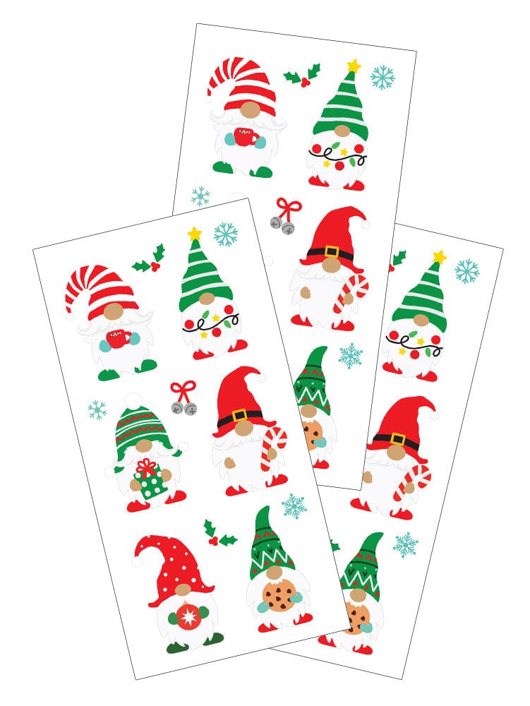 3 sheets of stickers featuring illustrated christmas gnomes in green and red.