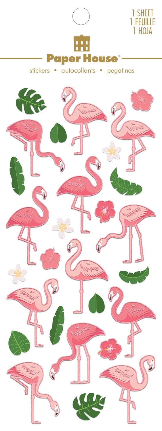 Decorative stickers featuring pink flamingos and green leaves with gold details, shown in packaging on white background.