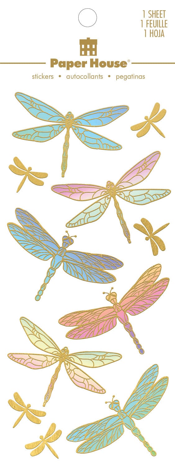 Decorative stickers featuring pastel colored dragonflies with gold details shown in packaging on white background.