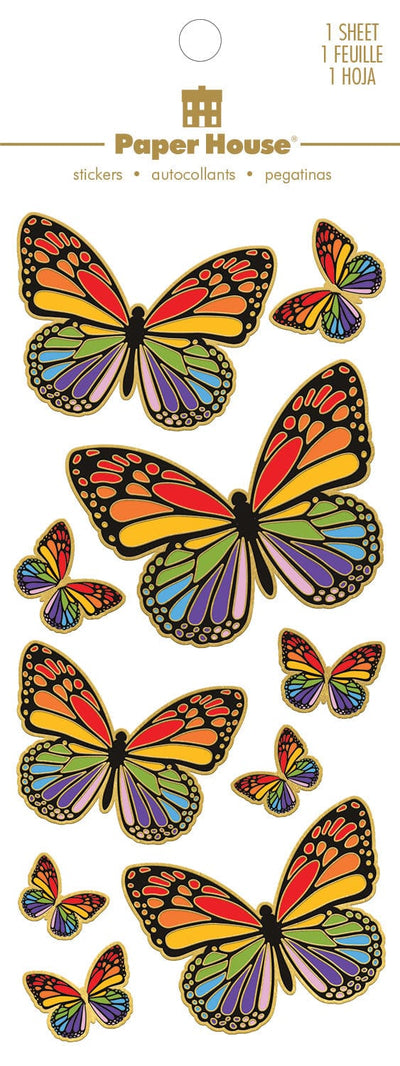 Decorative stickers featuring rainbow colored butterflies with gold details, shown in packaging on white background.