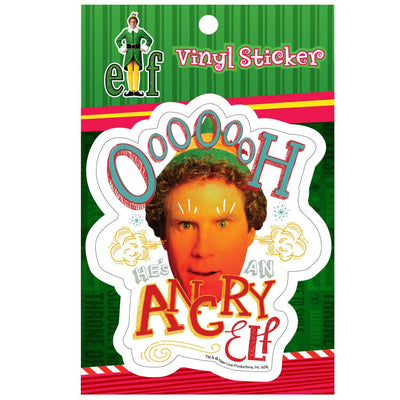 vinyl sticker featuring Buddy, the elf with an angry face, shown in a green and red package.