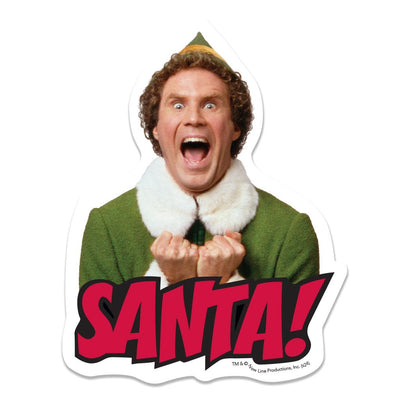 vinyl sticker featuring Buddy, the elf shouting SANTA in red letters.